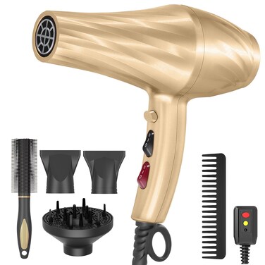 Ionic Hair Dryer,2400W Negative Ion Low Noise Hair Dryer Professional Fast Drying Hair Dryer with 2 Speeds, 3 Heat Settings, Cooling Button,with Diffuser for Curly and Straight Hair（Champagne Gold）
