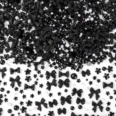 120 PCS Bow Nail Charm Black 3D Bows Nail Charm Black Bowknot with Gems and Flower Nail Charm for Acrylic Nails Decoration for Nail Art Crafts (Black Bow)