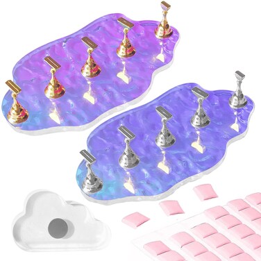 Press On Nail Stand Set - 2 Pcs Aurora Arcrylic Nail Holder for Painting Nails With A Mini Clear Nail Stand Base, Two Color Metal Nail Holders,Reusable Sticky Putty For Nail Art &amp; Display