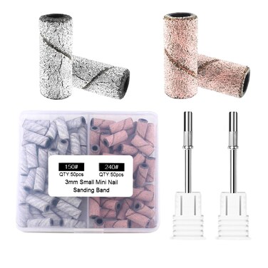 Nail Drill Bit Small Sanding Bands for Nail Drill, Corfulra Upgrade Mini Sanding Bands with 2 Mandrel Bits, 100Pcs #150#240 Grit Nail File for Acrylic Nails,Cuticle,Nail Tech Must Haves, White &amp; Pink