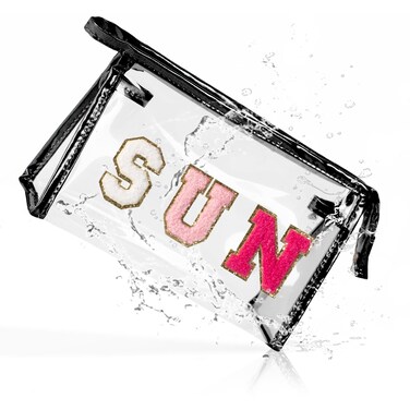 COSHAYSOO Clear Makeup Bag Toiletry Sunscreen Pouch Waterproof Summer Beach Vacation Essentials Airplane Cruise Travel Stuff Small Purse for Women Teenager Girls with Chenille Letter Black SUN