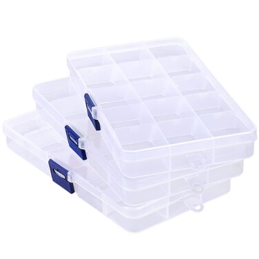 Fake Nail Storage Box, 3PCS 15-Grid Rhinestone Organizer Case with Divider, Clear Plastic Empty Container for Art Craft Sewing Screw Rock Collection Fishing Tackle, Bead Jewelry Display Holder