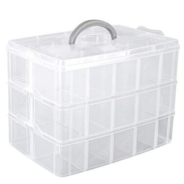 3-Tier Stackable Storage Container Box, Clear Adjustable Empty Plastic Nail Art Organizer Box with Handle &amp; Lids, Fake Nail Organizers with 30 Compartment for Crafts, Art Supply Tool Accessory
