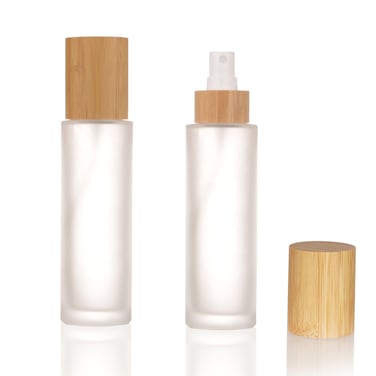 COSIDEA 4 pcs Empty 3.33oz / 100ml bamboo lid Frosted glass spray bottle with fine mist dispenser head for liquid perfume toiletries, toner bottles 20 neck