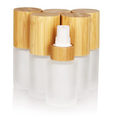COSIDEA 6 pcs Empty 1oz / 30ml bamboo lids Frosted glass bottle with lotion pump dispenser, refillable emulsion cosmetic cream bottles, toiletries refill travel container