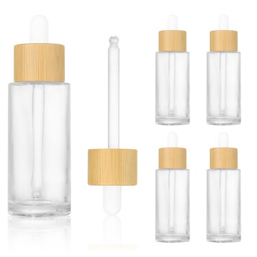 COSIDEA 5PCS empty 50ml / 1.67 oz clear glass bottles with wood bamboo dropper lids for serum essential oil, DIY cosmetics oils containers, travel perfume droppers bottle container