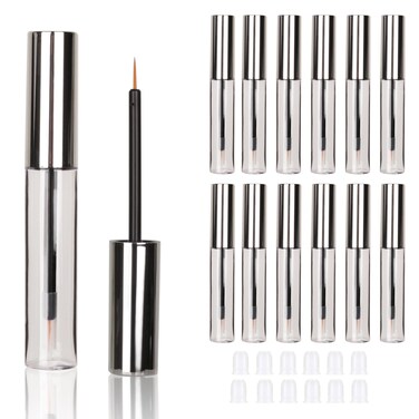 COSIDEA 12PCS Empty plastic Silver 10ml Eyeliner tubes packing Vials Bottle Containe Eyeliner Brush Applicator for DIY Eyelash Growth Oil