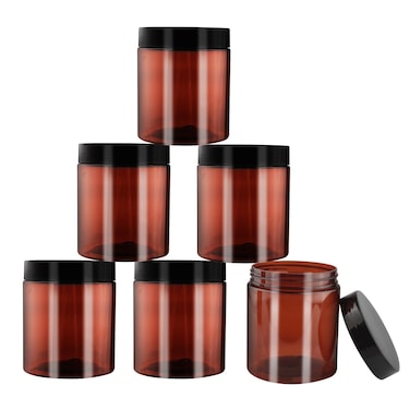 6 Pack 8oz/250ml Amber Plastic Jars Refillable Round Cosmetic Packing Vial Bottle Containers with Black Lid for Cream Lotion Powder Make Up Toiletries Home Kitchen Storage