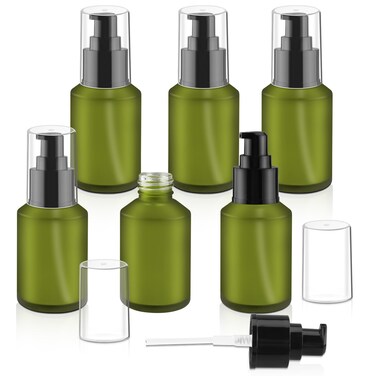 6 Pcs Frosted Green Glass Pump Bottle Empty Lotion Foundation Container Cosmetic Dispenser with Press Pump for Essence Lotion - 30ml/1oz