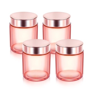 Cositina 4 Pack 3.4 oz Pink Glass Jars with Rose-Golden Lids &amp; Inner Liners,Empty Round Storage Containers Travel Jars Pot,for Cosmetics,Gel,Eye shadow,Makeup,Face cream Lotion