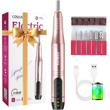 COSLUS Cordless Nail Drill File Electric: Professional Nail Drill for Acrylic Gel Dip Powder Nails Portable Nail File Machine Kit for Manicure Pedicure Nail Set with Drill Bit Sanding Belt Gold