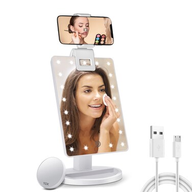 Lighted Makeup Vanity Mirror with Phone Holder and 10X Magnifying Mirror, 21 LED Lighted Mirror with Touch Sensor Dimming, 180&deg;Adjustable Rotation, Dual Power Supply, Portable Cosmetic Mirror