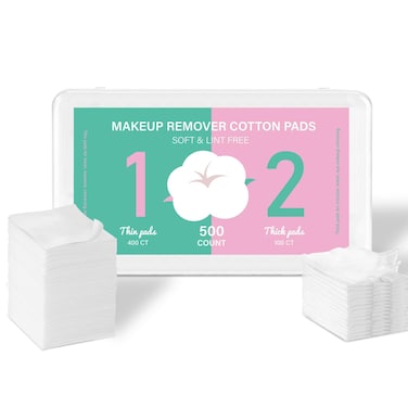 Square Cotton Pads for Face (500 Count) - 100% Pure Cotton, Soft Lint-Free Makeup Remover Pads for Facial and Eye Use, Double-Sided Design to Save Water, Hypoallergenic (100 Thick &amp; 400 Ultra-Thin)