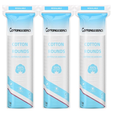 Cotton Rounds for Facial Cleansing and Nail Polish Removal - 100% Pure Cotton, Hypoallergenic Makeup Remover Pads, Lint-Free Multi-Layer Design (100 Count, Pack of 3)