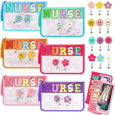 Coume 18 Pcs Nurse Makeup Bags Badge Clips Gifts Clear Pouches with Nursing Badge Reel Flower Smile Face Nursing ID Card Clips for National Certified Nurses Day Teacher Student, 11.8 x 7.87 inch