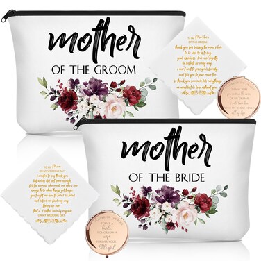 6 Pack Mother of the Groom Mother of the Bride Cosmetic Flowers Bag Wedding Gifts Mother of Bride and Groom Makeup Mirror Mom Handkerchief for Mother and Mom in Law for Engagement Favor