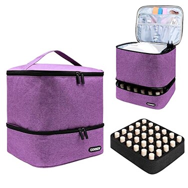 Nail Polish Organizer Bag Holds 30 Bottles (15ml-0.5 fl.oz)&amp; Nail Lamp, Double Layer Nail Kit Storage Carrying Case, Portable Travel Nail Supplies Organizer Bag with Handle (Graceful Purple)