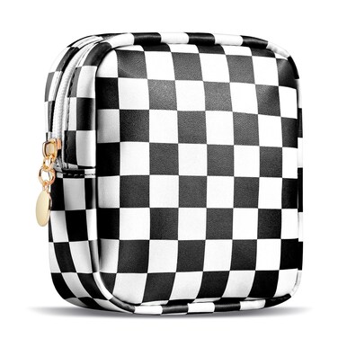 Small Makeup Bag for Purse, Mini Checkered Makeup Bags for Women, Little Cute Cosmetic Make Up Pouch with Zipper, Leather Travel Toiletry Organizer for Teen Girls (Black)