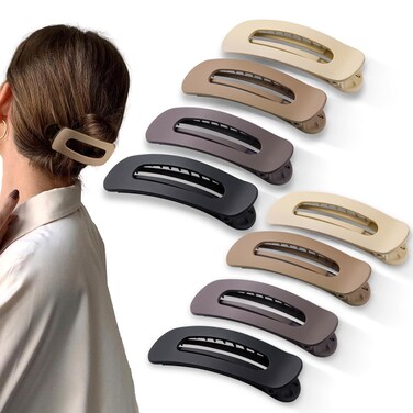 8 Pcs Large Lay Flat Claw Clips for Women French Side Slide Barrettes for Thick Thin Hair Rectangle Alligator Hair Accessories,Coffee Khaki Brown Black