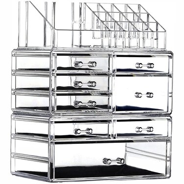 Large Clear Makeup Organizer Skin Care Cosmetic Display Cases Stackable Storage Box Make up Container Cube With 8 Drawers,Set of 3 By Cq acrylic