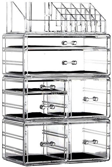 Cq acrylic 4 Pack Clear Make up Organizer Countertop,Stackable 10 Drawers Makeup Storage,Cute Vanity Organizers for dresser Hair Clip,Jewelry,Beauty Product Desk and Bathroom Organizers and Storage
