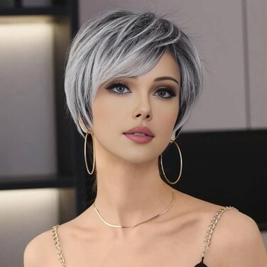 Creamily Pixie Cut Short Grey Wigs with Bangs Natural Fluffy Synthetic Hair Wigs for Women Gray Hair Replacement Wigs Mommy Wig Short Hair Styles for Women Ladies Wgs