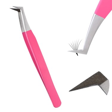 My Lash Tools Fiber Tip Lash Tweezers for Eyelash Extensions Pro Tweezer for Volume Lashes Japanese Stainless Steel Mink Lashes Fan Making Mega Volume Boot Angled Lashing Tweezers (Pink)