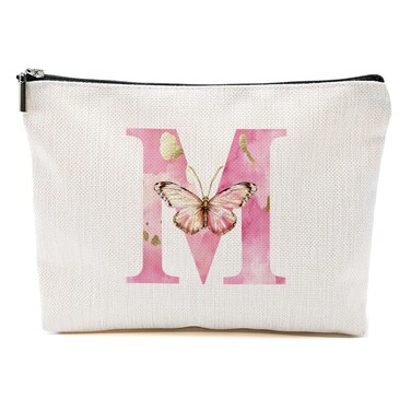 Initial Makeup Bag Pink Butterfly M Personalized Cosmetic Bag Monogrammed Gifts for Women Girls Mom Bridesmaid Monogram Zipper Pouch for Friendship Mothers Day Birthday Wedding Bridal Shower Gifts