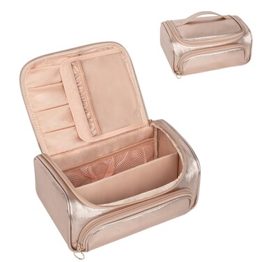 CUBETASTIC Cosmetic Bag for Women, Travel Makeup Bag with Makeup Brush Compartment, Portable Make Up Case with Handle, Large Capacity Skincare Pouch with Divider, Rose Gold