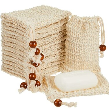 Cunhill 80 Pack Sisal Soap Saver Bag Exfoliating Soap Pouch with Drawstring Bar, Wooden Bead Foaming and Drying Exfoliating Net for Bath and Shower