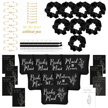 Cunno 48 Pcs Bridesmaid Proposal Gifts Wedding Maid of Honor Matron of Honor Gifts Bridal Shower Cosmetic Makeup Bags Scrunchies Hair Knotted Bracelets Invitation Card for Bridesmaids(Black)