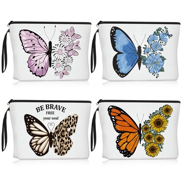 4 Pcs Butterfly Makeup Bag for Women Canvas Cosmetic Bag Butterfly Make up Bag for Purse Travel Pouch Canvas Makeup Bags Butterfly Zipper Makeup Bag for Ladies Gifts