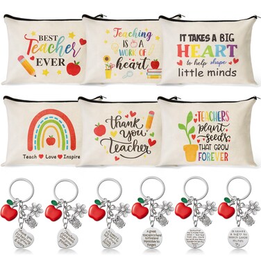 CY2SIDE Teacher Appreciation Gifts Set - 6 Style Thank Teacher Theme Survival Kit Bohemian Rainbow Cosmetic Bag with Zipper and 6PCS Apple Key Chains Appreciation Key Ring Thank You Gifts for Teacher