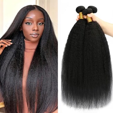 12 14 16 Kinky Straight Bundles Human Hair Yaki Straight 3 Bundles 100% Unprocessed Brazilian Virgin Remy Hair Natural Black Color