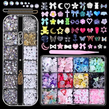 Butterfly Blossom Flower Bow Moon Heart Star Nail Art Charms Set - Half Round Pearl &amp; Flatback Gems AB+Hollow Butterfly Alloy DIY Nail Art Supplies