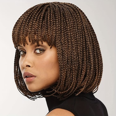 Knotless Braided Wigs for Black Women Heat Resistant Fiber Soft Synthetic Short Bob Box Braided Wig with Bangs African American Braided Wigs (10 inches, Dark Brown)
