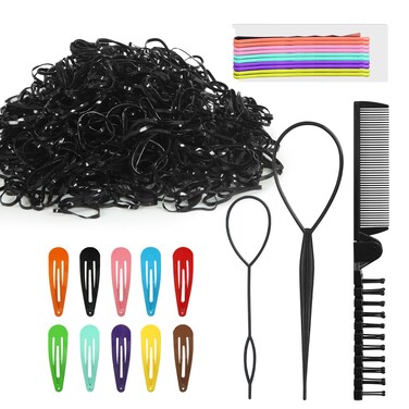 1000pcs Black Hair Elastics, Ponytail Brush, Bobby Pins, 10 Colors Hair Clips, Hair Threader Ponytail Accessories for Girls, Toddlers, Kids.