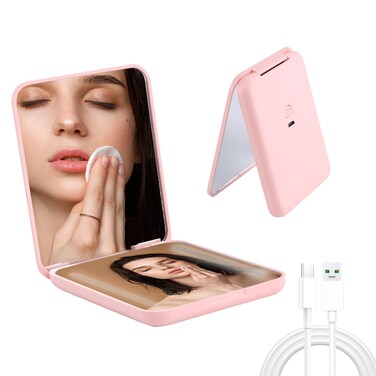 Rechargeable Pocket Mirror, Double Sided 1X/3X Magnification Compact Vanity Mirror, Small Compact Mirror, Mini Led Compact Travel Makeup Mirror with Lights for Purse,Pocket,Gifts,Square