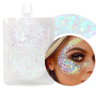 DAGEDA 40ml White Body Glitter Gel, Face Glitters Shimmer Liquid Eyeshadow for Singer Concerts Rave Accessories, Chunky Glitter for Hair Face Body, Holographic Laser Powder Festival Glitter Makeup