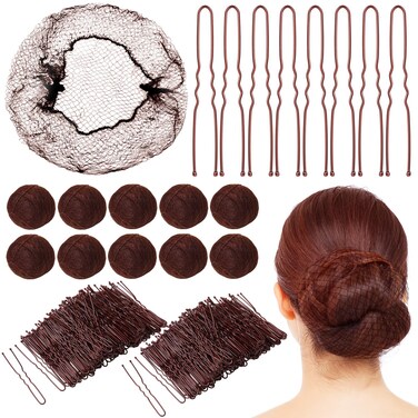 500 Pcs Sets, 200 Pcs Bun Hair Nets 24 Inch Invisible Hairnets Mesh Wig Nets and 300 Pcs U Shaped Hair Pins Accessories Set for Women Ballet Bun Restaurant Food Service Workers Brown