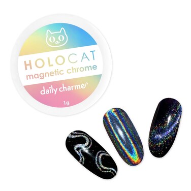 Daily Charme Holographic Cateye Magnetic Nail Chrome Powder 1g, 3-in-1 Nail Magnetic Powder Pigment, Holographic Rainbow Cat Eye Effect, Home DIY/Nail Salon Manicure (Holographic Silver)