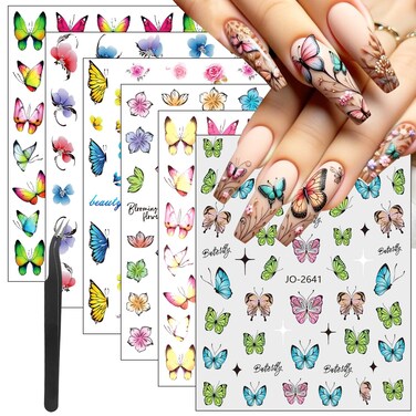 Butterfly Nail Art Stickers 3D Self Adhesive Flower Nail Stickers with Nail Tweezers Fall Colorful Butterflies Flowers Nail Design Stickers Cute Floral Nail Decals for Women Girl 6 Sheets