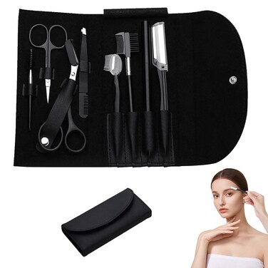 8PCS/SET Professional Eyebrow Shaping Grooming Kit - Beauty Tools Set with Leather Bag Eyebrow Grooming Kit for Women &amp; Men, Eyebrow Trimming Kit With Razor Eyebrow Scissors and Brush with Comb Black