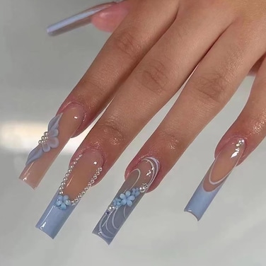 Fake Nails Blue Long Press on Coffin Nails Full Cover Acrylic Pearl Fake French Nails for Women and Girls 24PCS