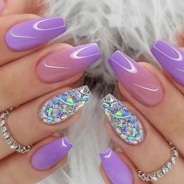 Medium Press on Nails Sequins False Nails Art Full Cover Acrylic Coffin Purple Fake Nails for Women and Girls 24PCS