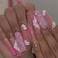 Square Fake Acrylic Nails Long Gradient Press on Pink Nails Full Cover Bling Flower Fake Nails for Women and Girls 24PCS