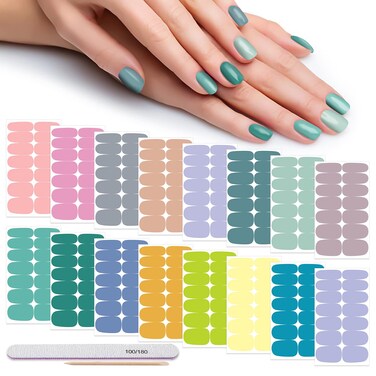 DANNEASY 16 Sheets Candy Solid Color Nail Polish Stickers Full Nail Wraps Self Adhesive Nail Polish Strips for Women Girl Nail Art with 1pc Nail File, Cuticle Stick (Light Colour)
