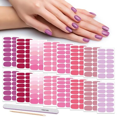 DANNEASY 16 Sheets Nail Wraps for Women Nail Polish Strips Solid Color Self Adhesive Sticker Nails Acrylic Nail Accessories with 1pc Nail File, Cuticle Stick (Pink Red)