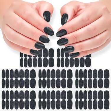 DANNEASY 8 Sheets Glitter Black Nail Polish Stickers Full Nail Wraps Stick on Nail Polish Strips Gel Nail Strips Self Adhesive Fingernail Sticker Nails for Women with Nail File, Cuticle Stick