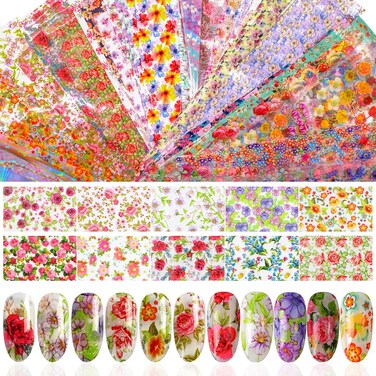 DANNEASY 150 Sheets Nail Foil Flower Stickers Starry Sky Laser Flower Nail Design Nail Art for Larger, Longer Acrylic Nails